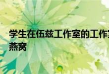 学生在伍兹工作室的工作室中搭建大型扬声器和人类规模的燕窝