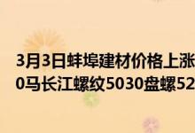 3月3日蚌埠建材价格上涨,马钢高线5400螺纹5150盘螺5440马长江螺纹5030盘螺5280其他螺纹4980。