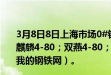 3月8日8日上海市场0#锌锭升贴水:秦锌4-80；豫光4-80；麒麟4-80；双燕4-80；白银4-60；东岭4-60；会泽4-70（我的钢铁网）。